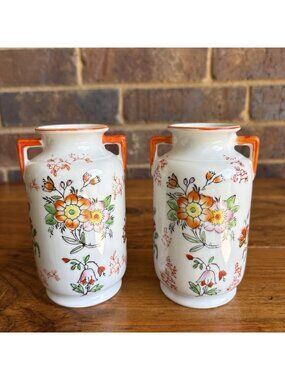 Pair Of Japanese Porcelain Floral Vases White Orange Multicolor Colorful Vintage